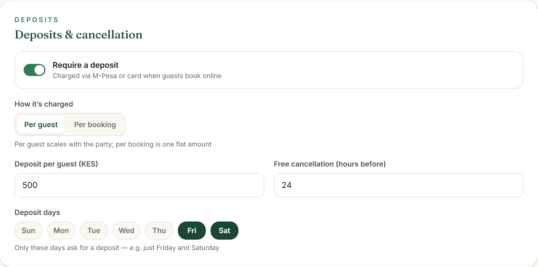 The dashboard Settings → Booking rules page with the Deposits & cancellation card: Require a deposit switched on, an amount in KES, and Friday and Saturday selected as deposit days.