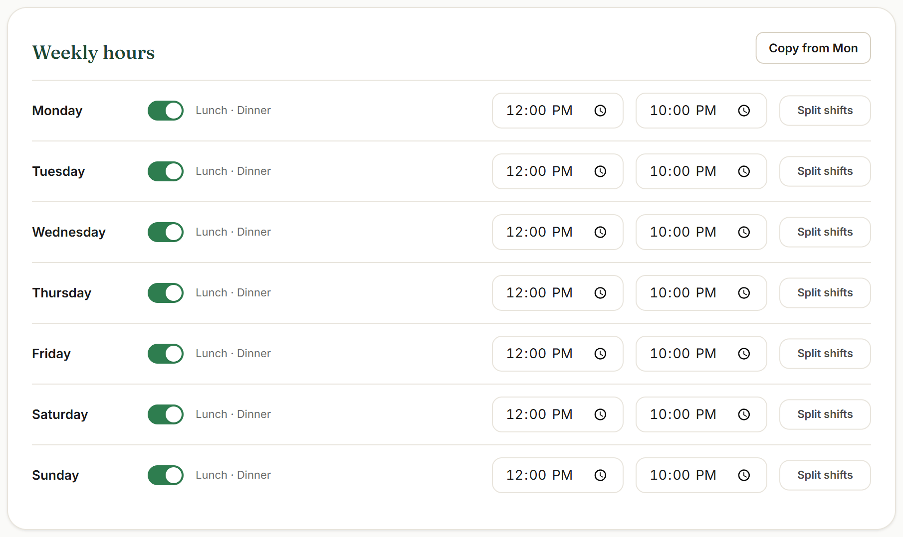 The dashboard Settings → Hours & service page with the weekly hours grid, one row per day.