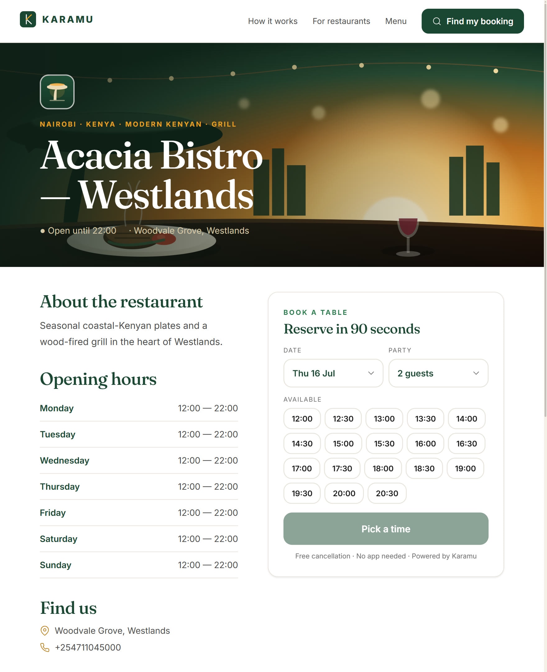 The finished public booking page on getkaramu.com/book — cover photo, restaurant details and the live time picker guests use to book.