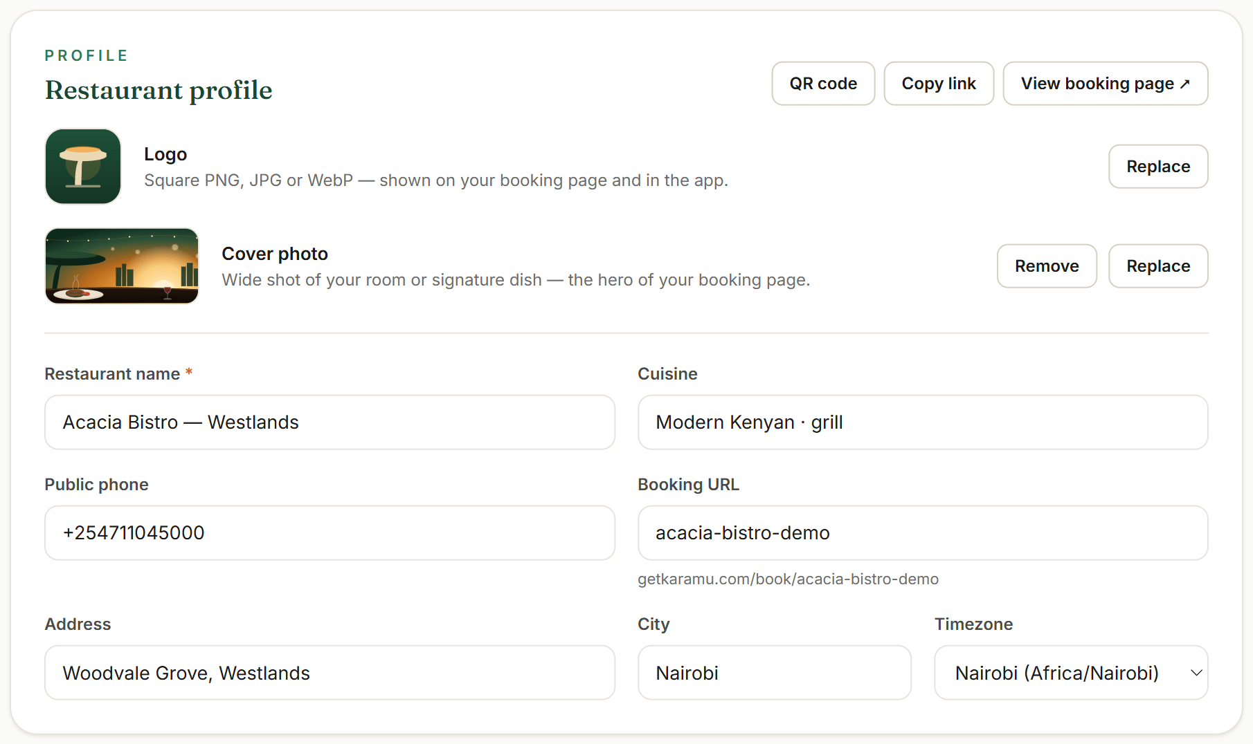 The dashboard Settings → General page with the restaurant profile and the Booking URL field.