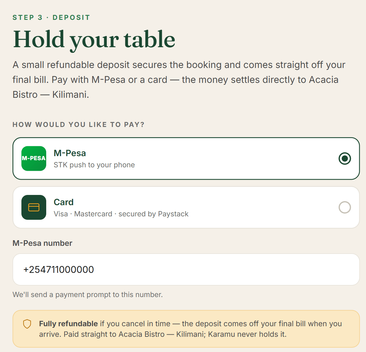 The booking page’s “Hold your table” step: the “How would you like to pay?” chooser with M-Pesa (STK push to your phone) selected and Card via Paystack below it, the M-Pesa number field, and the “Fully refundable” banner.