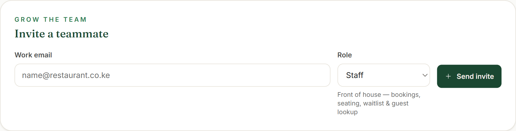 The “Invite a teammate” card: a Work email field, a Role dropdown offering Staff and Manager, and a Send invite button.