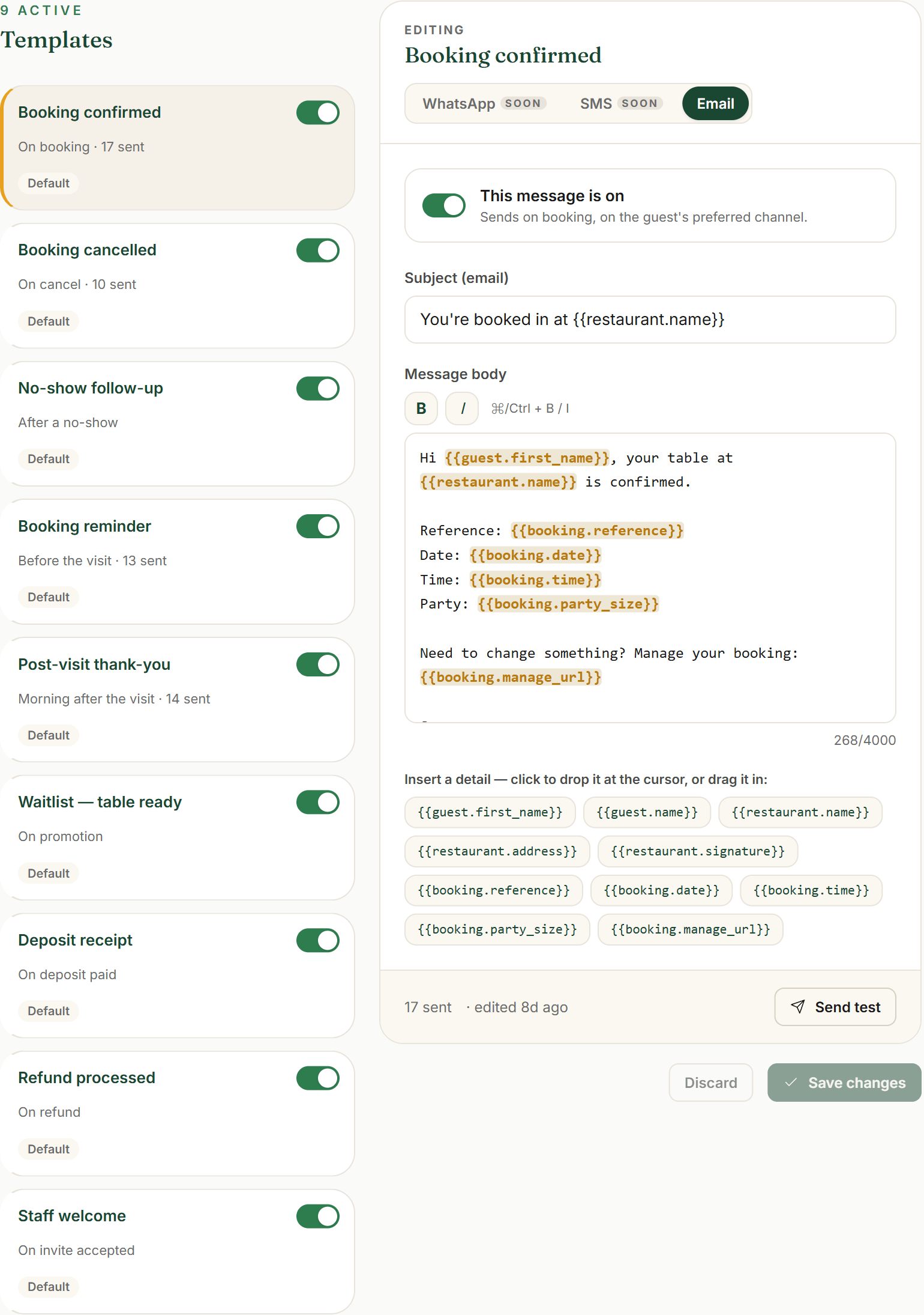 The Settings → Message templates workspace: the list of automated messages on the left and the “Booking confirmed” editor beside it, with its channel tabs and merge tags.