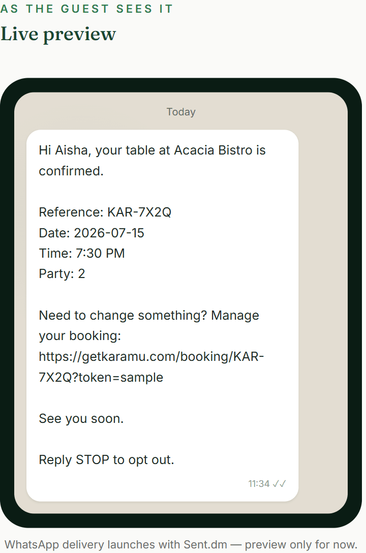 The template editor’s WhatsApp live preview: a WhatsApp-style chat bubble showing the booking-confirmed message, with the caption “WhatsApp delivery launches with Sent.dm — preview only for now.”