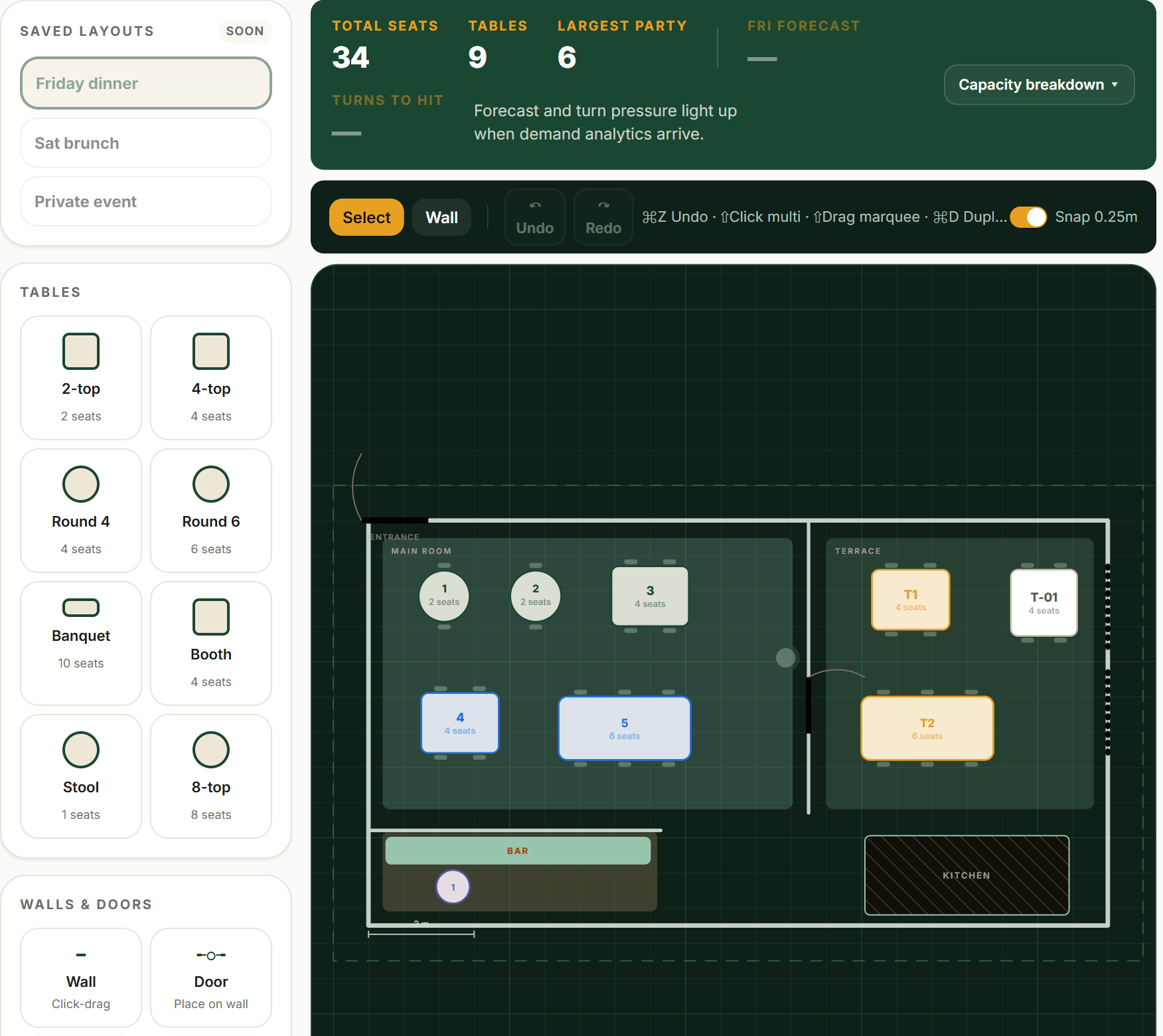 The floor-plan editor: the tool palette (Tables, Walls & doors) on the left, the capacity ribbon showing total seats, tables and largest party across the top, and the floor canvas in the centre with the room’s zones and placed tables.
