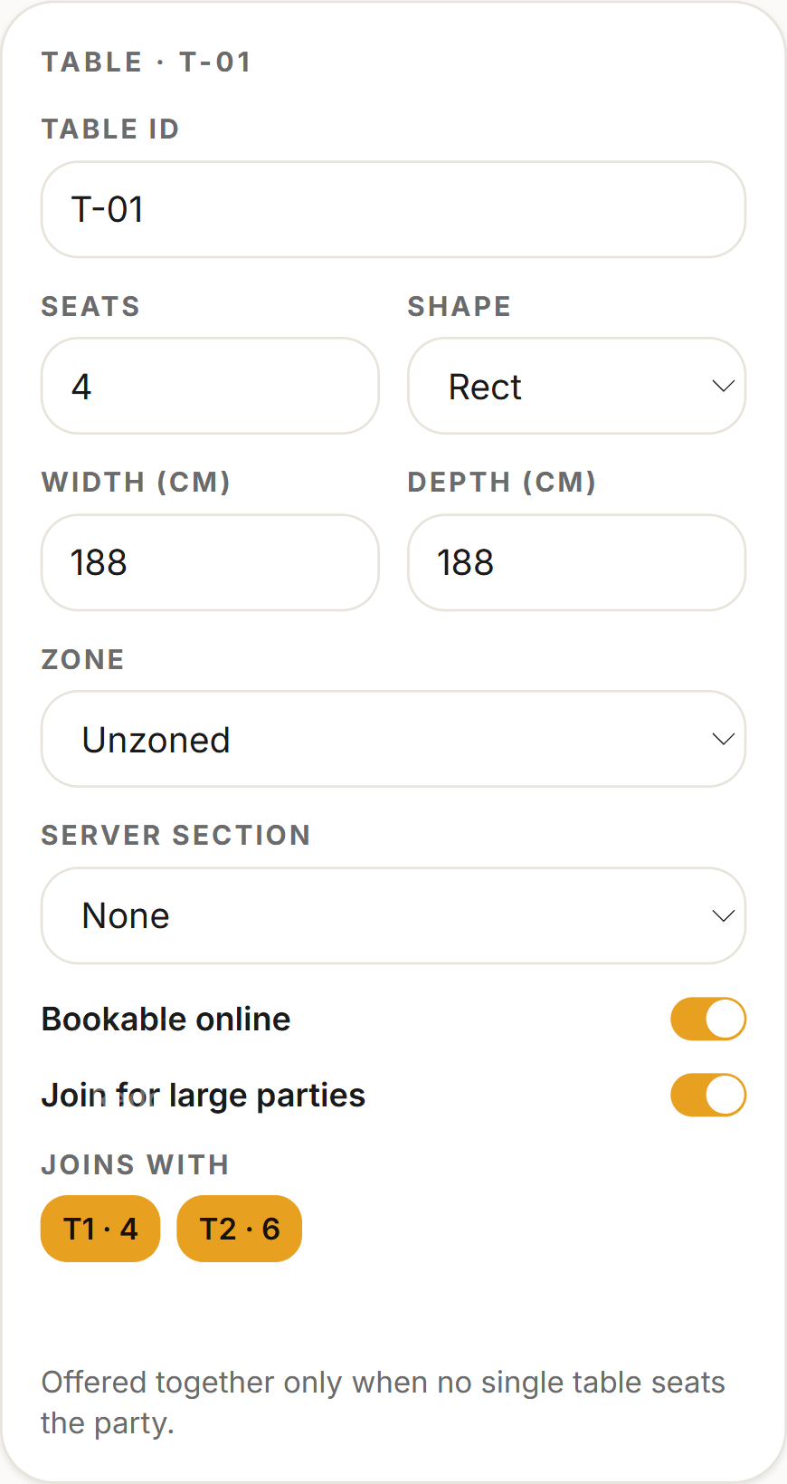 A table’s panel with “Join for large parties” switched on and two neighbours selected under “Joins with”, above the note “Offered together only when no single table seats the party.”