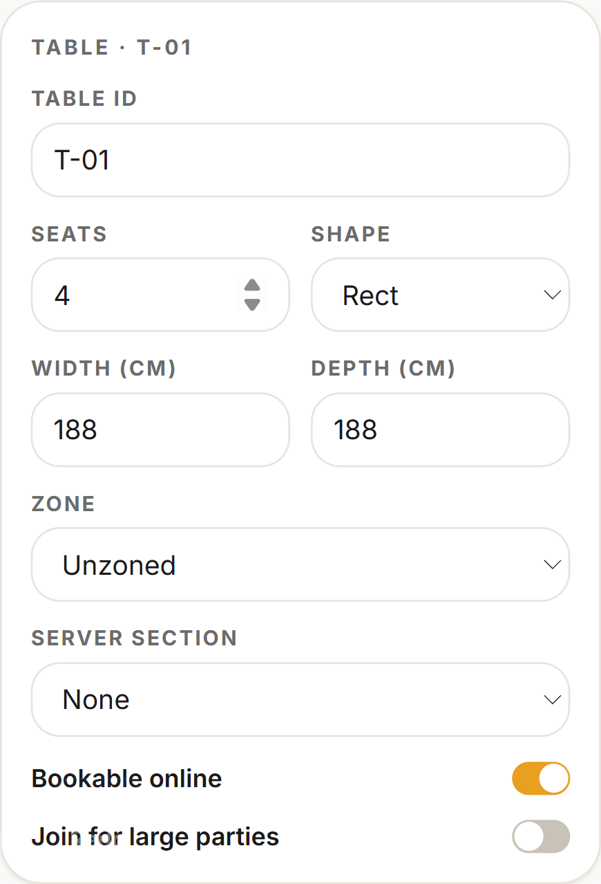 A table’s property panel: Table ID, Seats, Shape, Width (cm), Depth (cm), Zone, Server section, and the Bookable online switch.