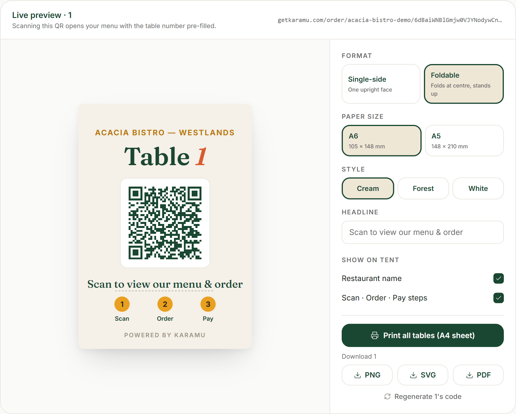 The Tables & QR tent designer: a live preview of a table’s ordering tent beside the Format, Paper size, Style, Headline and Show-on-tent controls, with Print all tables and PNG / SVG / PDF download buttons.