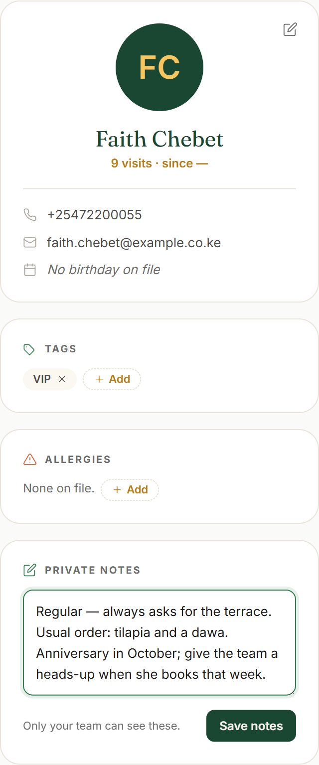 A guest profile’s identity rail: the guest’s name and visit count, a Tags card with a VIP tag, an Allergies card, and a Private notes card with the note “Only your team can see these.”