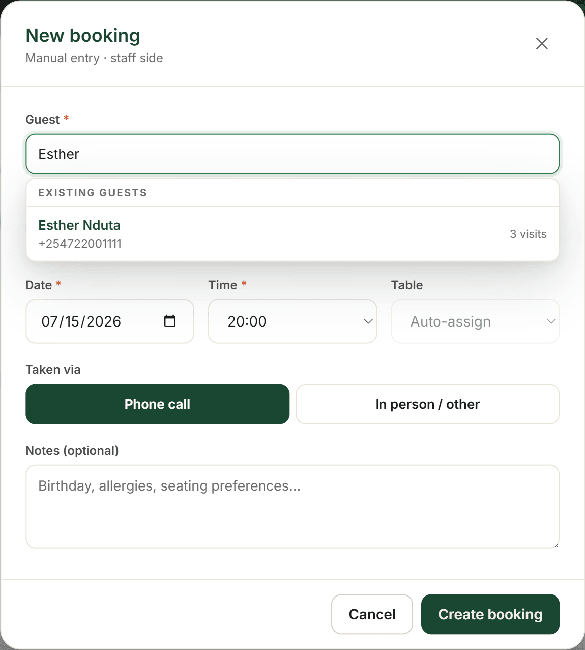 The New booking modal with a guest name half-typed and an “Existing guests” dropdown surfacing a matching returning guest with their phone number and visit count.